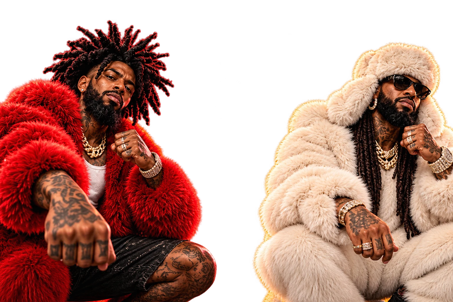 ROHNi in red fur and Billy Bandz in ivory fur
