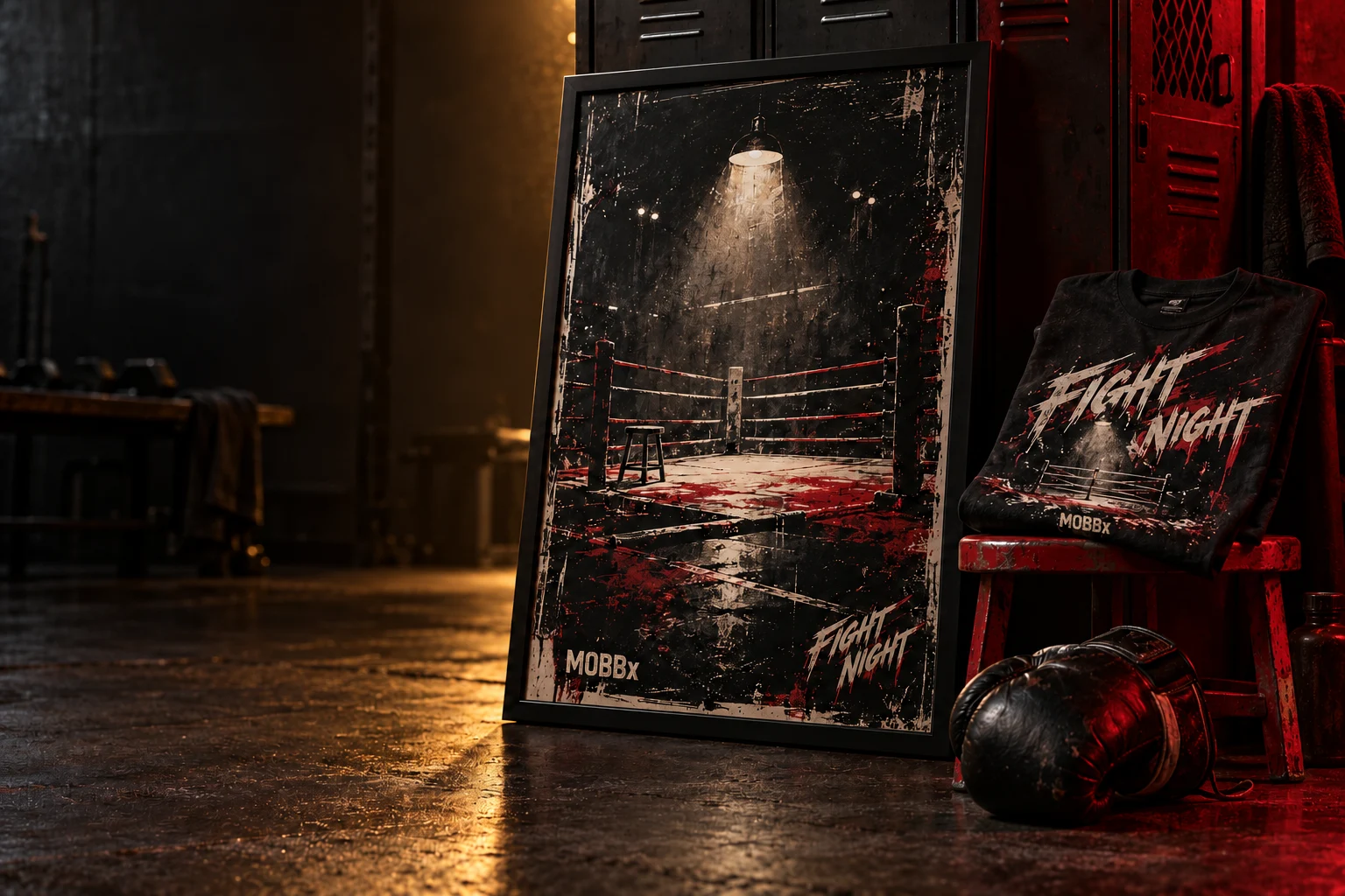 MOBBx-branded Knuckle 2 Knuckle arena artwork displayed in a dark boxing studio